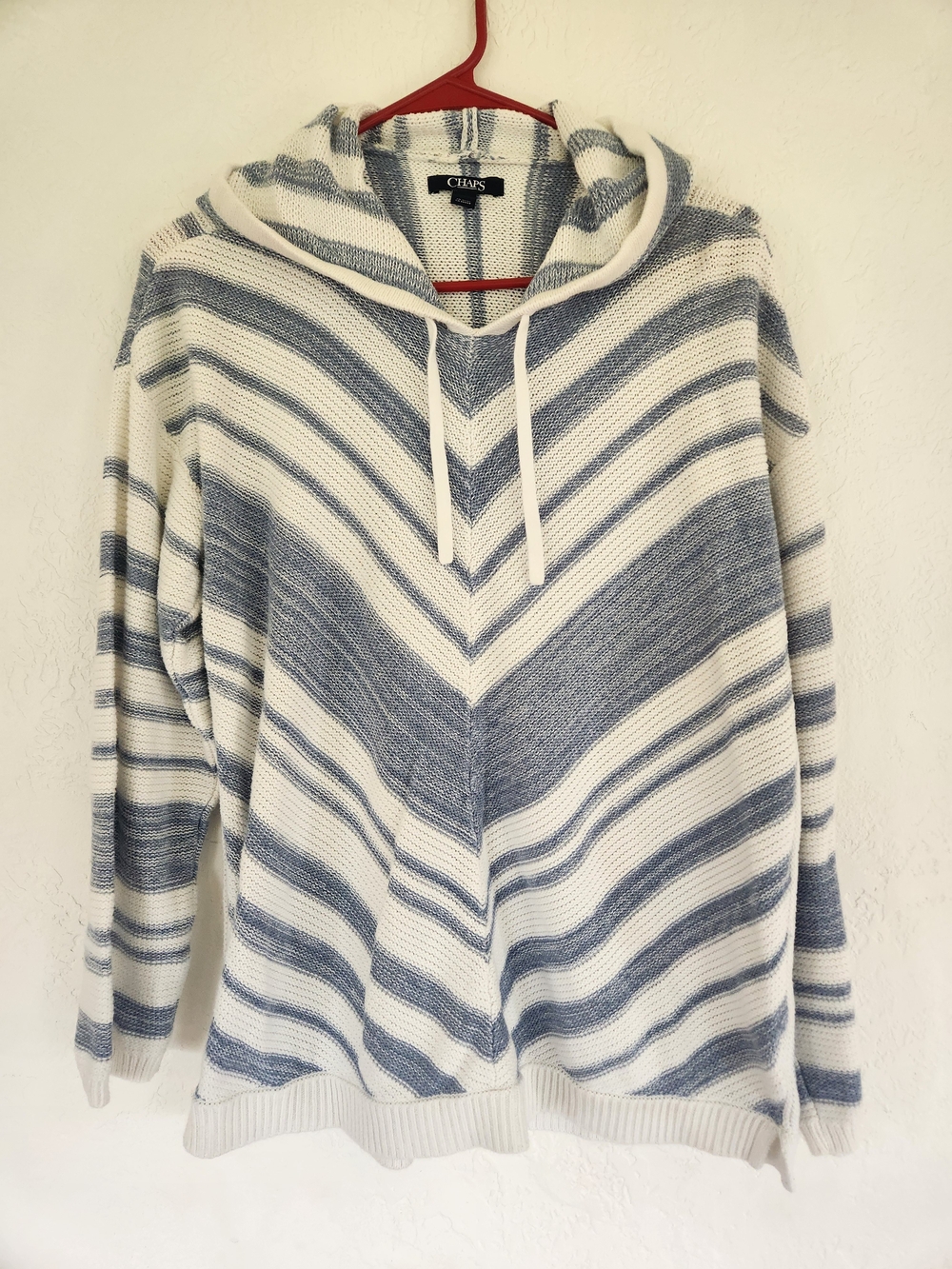 Chaps Women's Blue & White Striped V-Neck Hooded Sweater